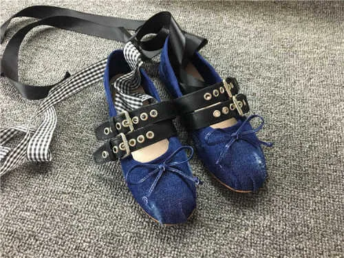 xiangtuibao Womens Pumps Flat Shoes Retro Comfort Satin Denim Buckle Ballet Dancing Flats Casual Riband Girls 10Colors New