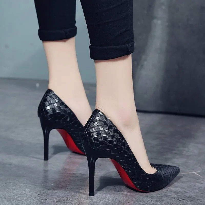 XPAY Red Bottom Lattice Print Stiletto Shoes