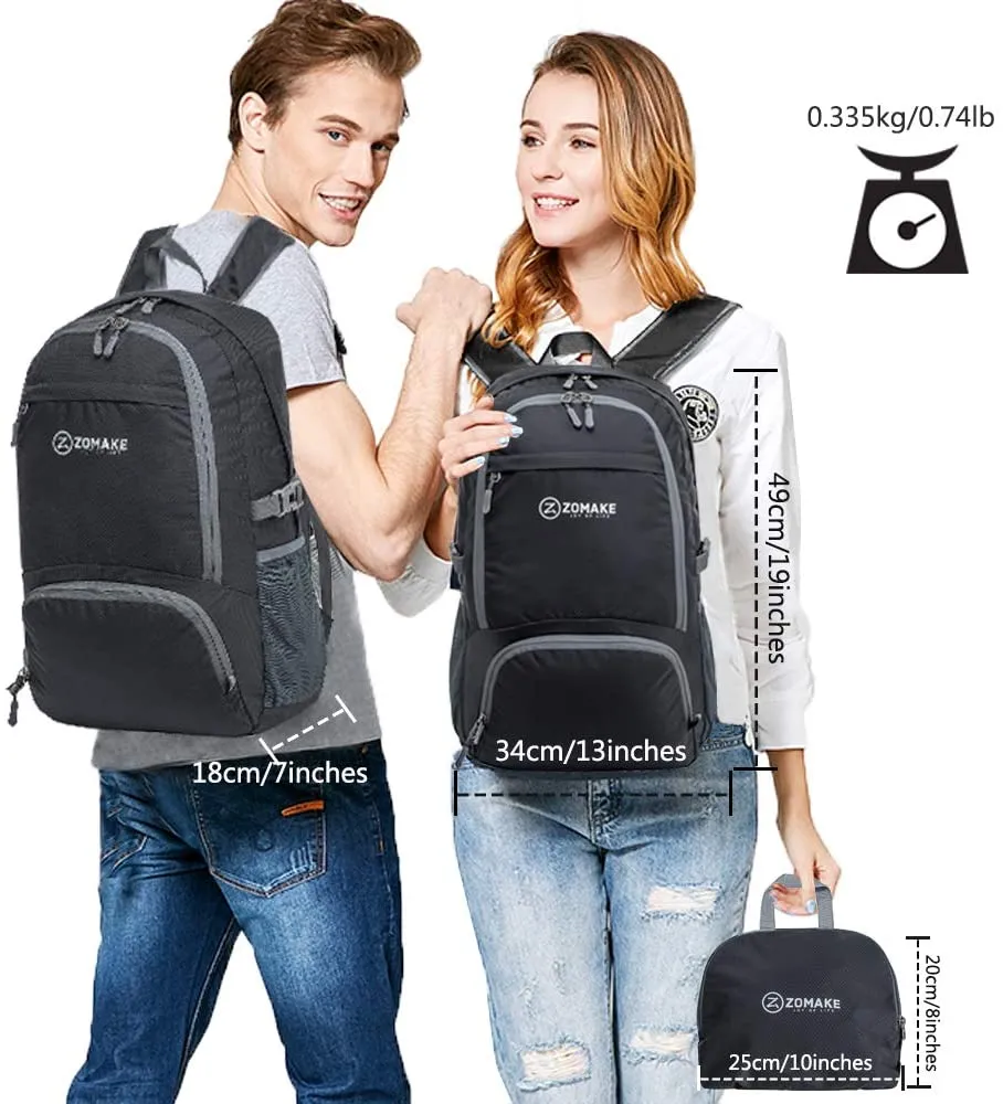 ZOMAKE 30L Lightweight Packable Backpack Water Resistant, Super lightweight and easy to fold up into a small pocket (A true space saver) to fit anywhere. Black