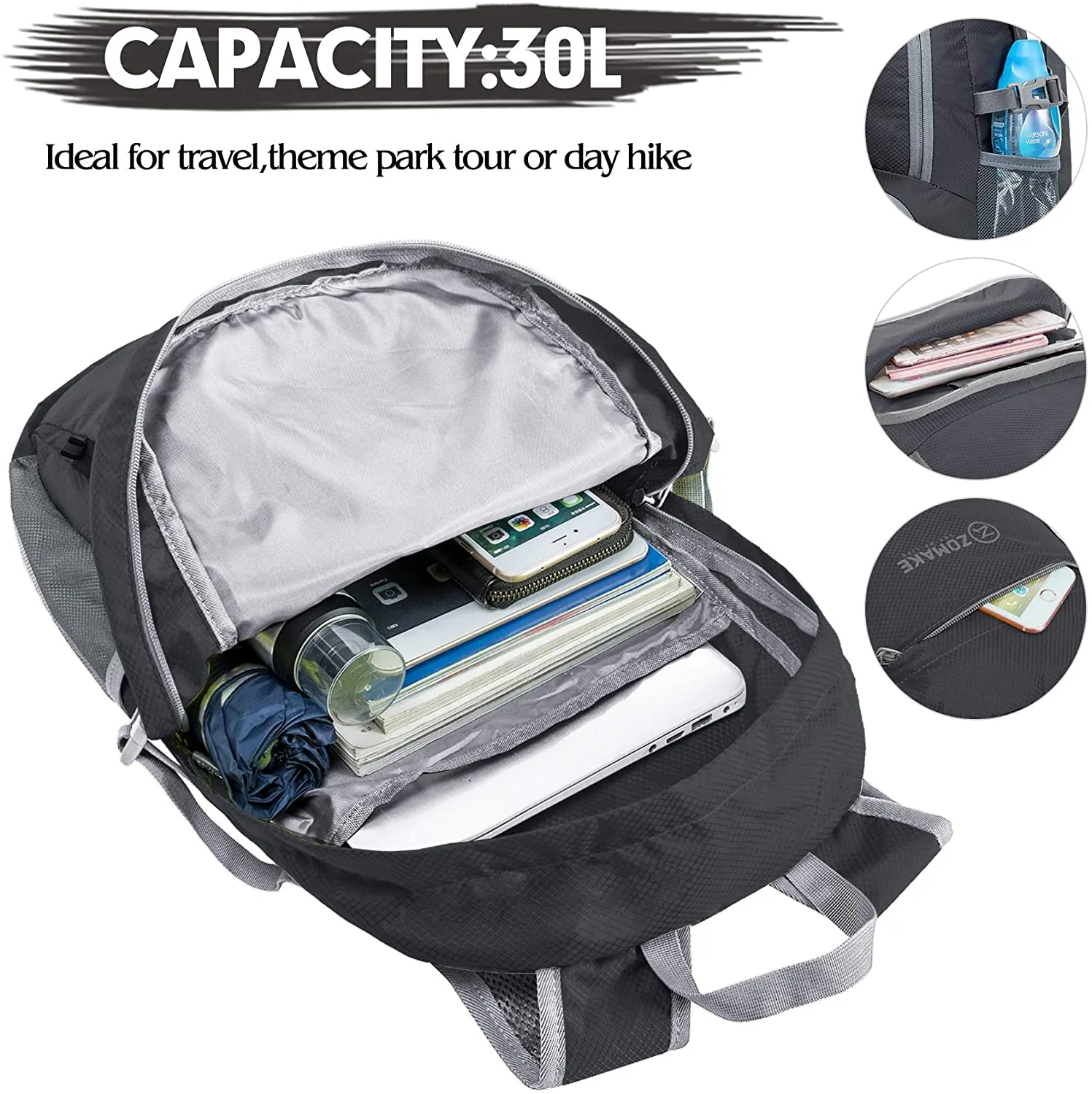ZOMAKE 30L Lightweight Packable Backpack Water Resistant, Super lightweight and easy to fold up into a small pocket (A true space saver) to fit anywhere. Black