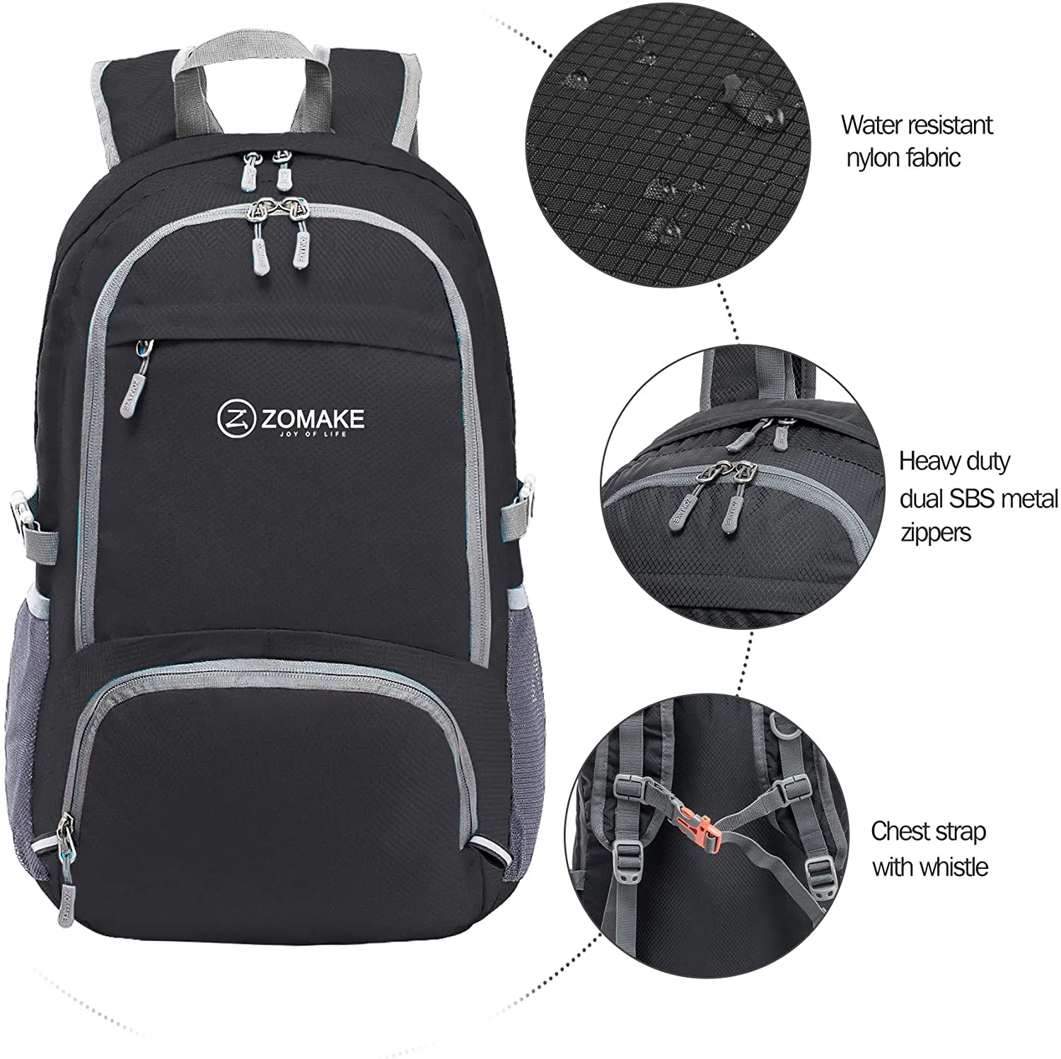 ZOMAKE 30L Lightweight Packable Backpack Water Resistant, Super lightweight and easy to fold up into a small pocket (A true space saver) to fit anywhere. Black
